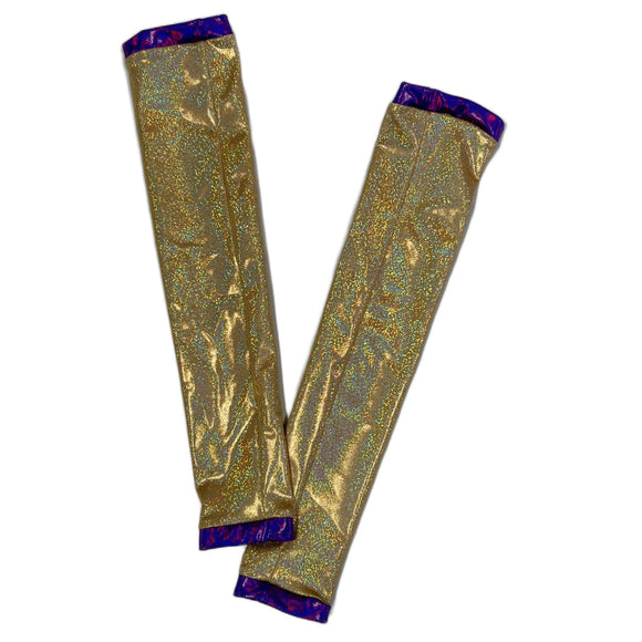 Gold Sparkly Jewel Arm Warmers with Grape Holo Trim - Coquetry Clothing