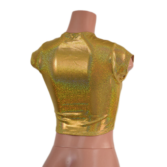 Gold Sparkly Jewel Cap Sleeve Crop Top - Coquetry Clothing