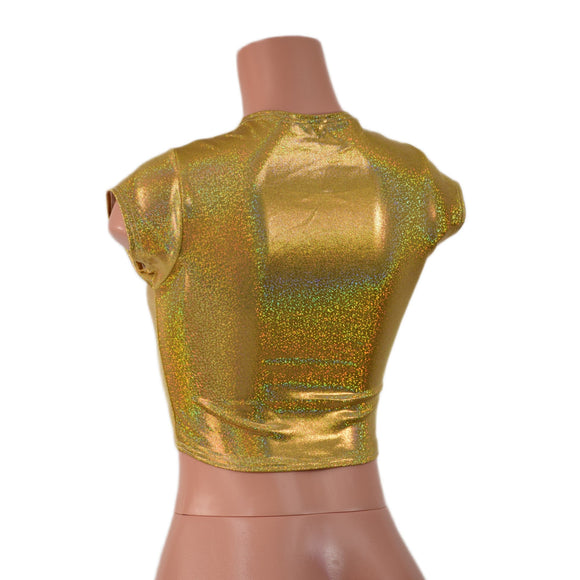 Gold Sparkly Jewel Cap Sleeve Crop Top - Coquetry Clothing