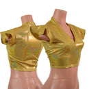 Gold Sparkly Jewel Flip Sleeve Crop Top with V Neck - Coquetry Clothing