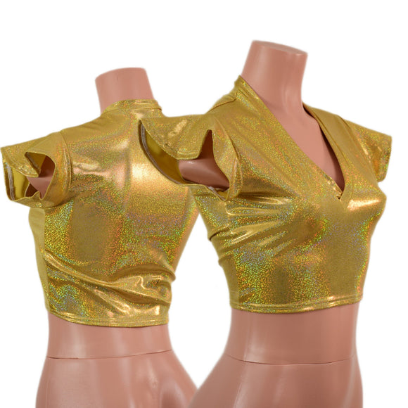 Gold Sparkly Jewel Flip Sleeve Crop Top with V Neck - Coquetry Clothing