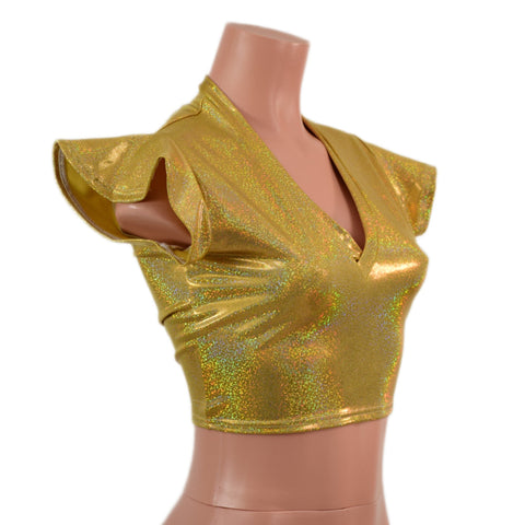 Gold Sparkly Jewel Flip Sleeve Crop Top with V Neck - Coquetry Clothing