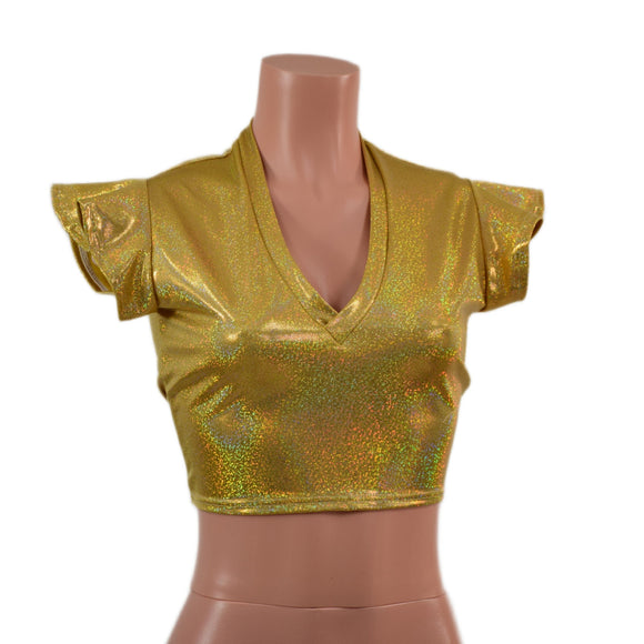 Gold Sparkly Jewel Flip Sleeve Crop Top with V Neck - Coquetry Clothing