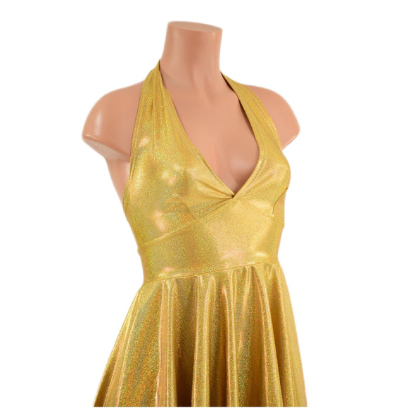 Gold Sparkly Jewel Hi Lo Halter Skater Dress - Coquetry Clothing