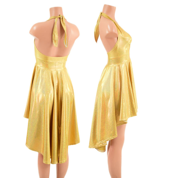 Gold Sparkly Jewel Hi Lo Halter Skater Dress - Coquetry Clothing