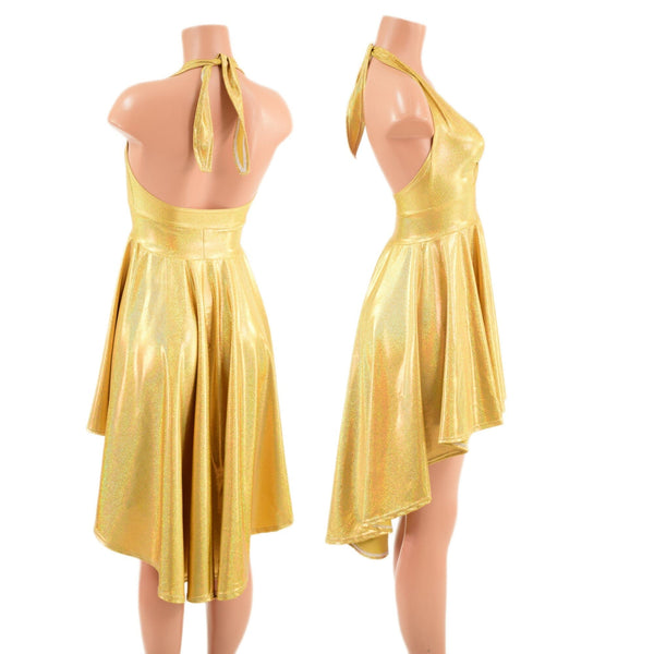 Gold Sparkly Jewel Hi Lo Halter Skater Dress - 4