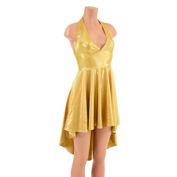 Gold Sparkly Jewel Hi Lo Halter Skater Dress - 3