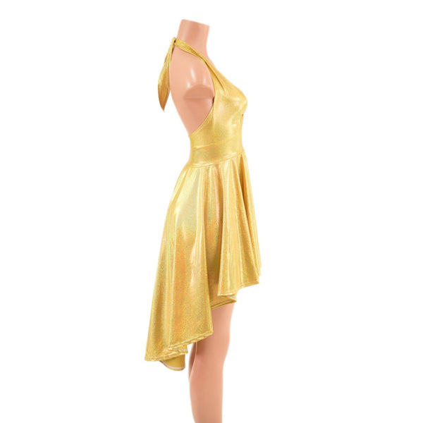 Gold Sparkly Jewel Hi Lo Halter Skater Dress - 5
