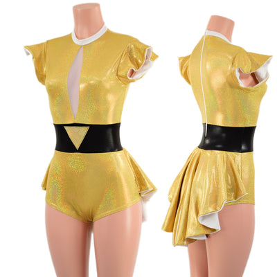 Gold Sparkly Jewel Mini Tux Back Romper with Inset Mesh Keyhole and White Trim - Coquetry Clothing