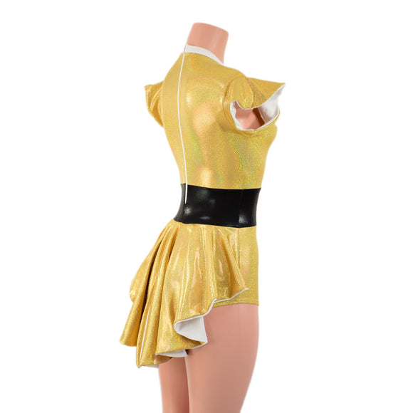 Gold Sparkly Jewel Mini Tux Back Romper with Inset Mesh Keyhole and White Trim - Coquetry Clothing
