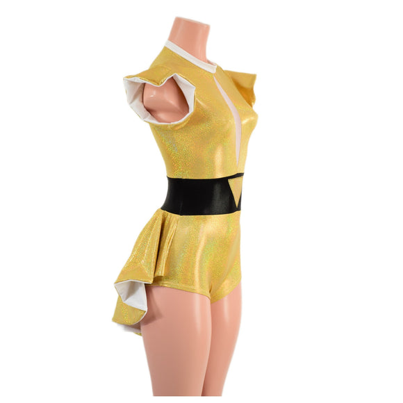 Gold Sparkly Jewel Mini Tux Back Romper with Inset Mesh Keyhole and White Trim - Coquetry Clothing