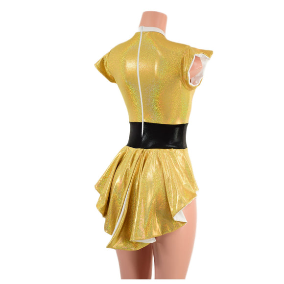 Gold Sparkly Jewel Mini Tux Back Romper with Inset Mesh Keyhole and White Trim - Coquetry Clothing