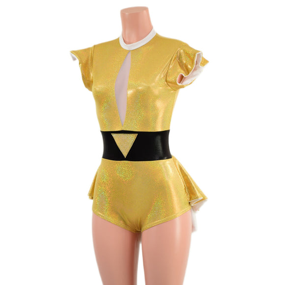 Gold Sparkly Jewel Mini Tux Back Romper with Inset Mesh Keyhole and White Trim - Coquetry Clothing