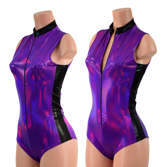 Grape Holo and Black Mystique Sleeveless Stella Romper with Side Panels - Coquetry Clothing