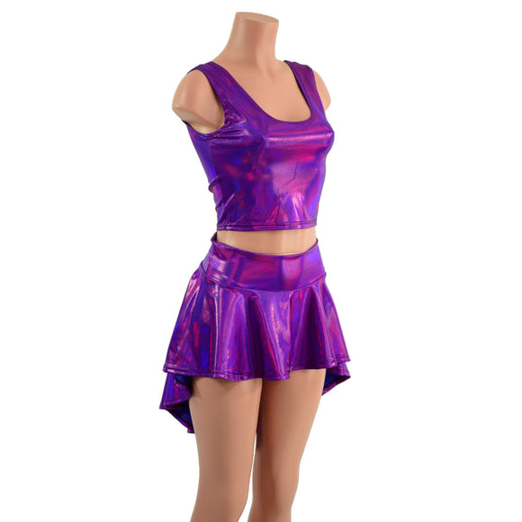 Grape Holographic 3PC Rave Skirt, Shorts & Top Set - Coquetry Clothing