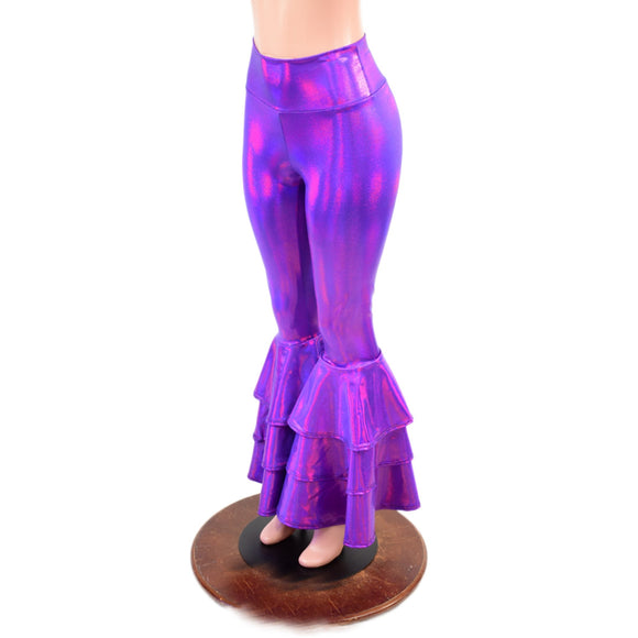 Grape Holographic High Waist Triple Tier Bell Bottom Flares - Coquetry Clothing