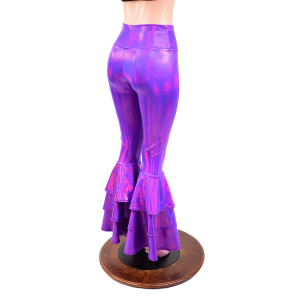 Grape Holographic High Waist Triple Tier Bell Bottom Flares - Coquetry Clothing