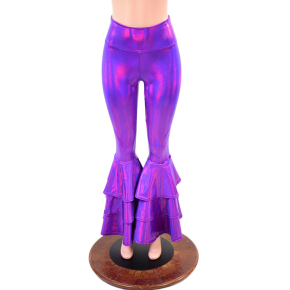 Grape Holographic High Waist Triple Tier Bell Bottom Flares - Coquetry Clothing