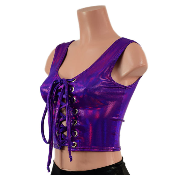 Grape Holographic Laceup Crop Tank - Coquetry Clothing