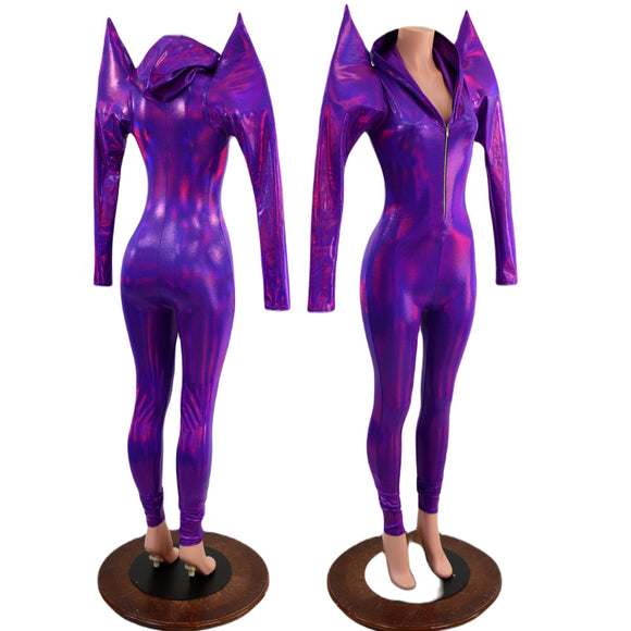 Grape Holographic Mega Sharp Shoulder Hooded Catsuit with Silver Front Zipper - Coquetry Clothing