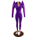 Grape Holographic Mega Sharp Shoulder Hooded Catsuit with Silver Front Zipper - Coquetry Clothing