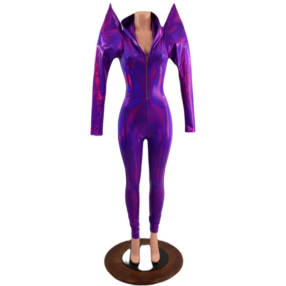 Grape Holographic Mega Sharp Shoulder Hooded Catsuit with Silver Front Zipper - Coquetry Clothing