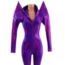 Grape Holographic Mega Sharp Shoulder Hooded Catsuit with Silver Front Zipper - Coquetry Clothing