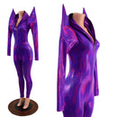 Grape Holographic Mega Sharp Shoulder Hooded Catsuit with Silver Front Zipper - Coquetry Clothing