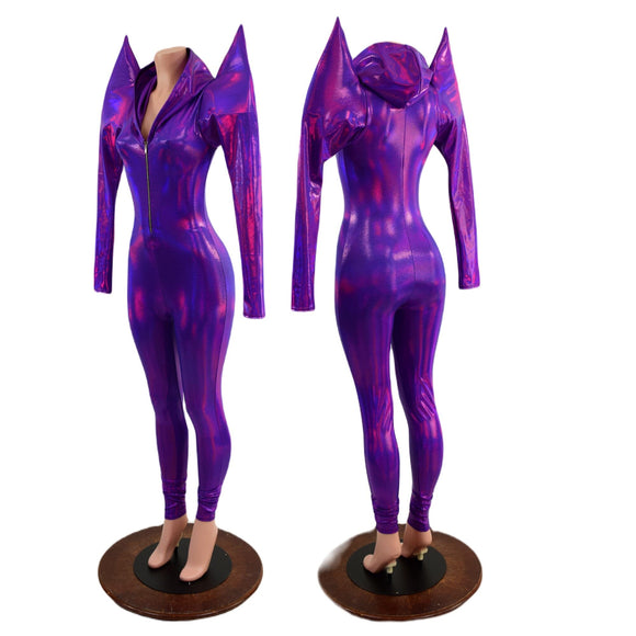 Grape Holographic Mega Sharp Shoulder Hooded Catsuit with Silver Front Zipper - Coquetry Clothing