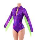 Grape Holographic Stella Romper with Long Sleeves, Neon Green Fringe & Siren Cut Leg - Coquetry Clothing