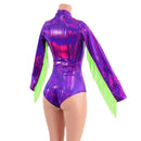 Grape Holographic Stella Romper with Long Sleeves, Neon Green Fringe & Siren Cut Leg - Coquetry Clothing
