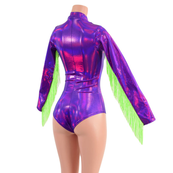 Grape Holographic Stella Romper with Long Sleeves, Neon Green Fringe & Siren Cut Leg - Coquetry Clothing