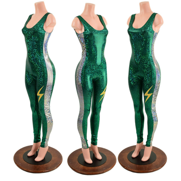 Green and Silver Catsuit with Thigh Bolt - Coquetry Clothing