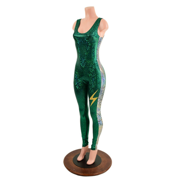 Green and Silver Catsuit with Thigh Bolt - Coquetry Clothing