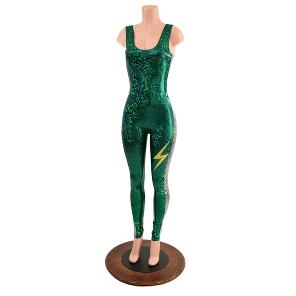 Green and Silver Catsuit with Thigh Bolt - Coquetry Clothing