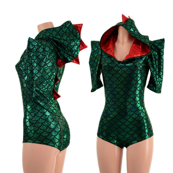 Green Dragon Hoodie Romper with Sharp Shoulder Half Sleeves - Coquetry Clothing