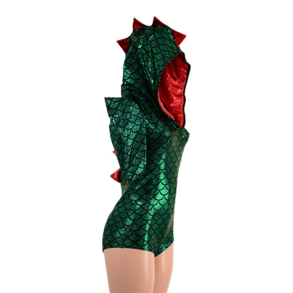 Green Dragon Hoodie Romper with Sharp Shoulder Half Sleeves - 6