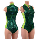 Green Kaleidoscope and Neon Lime Sleeveless Stella Romper with Side Panels - Coquetry Clothing