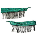 Green Kaleidoscope Arm Warmers with Fingerloops and 6" Black Chainette Fringe - Coquetry Clothing