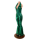 Green Kaleidoscope Bell Bottom Catsuit with PLUNGING Showtime Collar - Coquetry Clothing