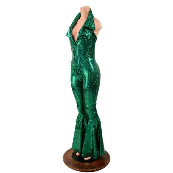 Green Kaleidoscope Bell Bottom Catsuit with PLUNGING Showtime Collar - Coquetry Clothing