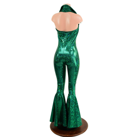 Green Kaleidoscope Bell Bottom Catsuit with PLUNGING Showtime Collar - Coquetry Clothing