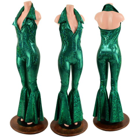 Green Kaleidoscope Bell Bottom Catsuit with PLUNGING Showtime Collar - Coquetry Clothing
