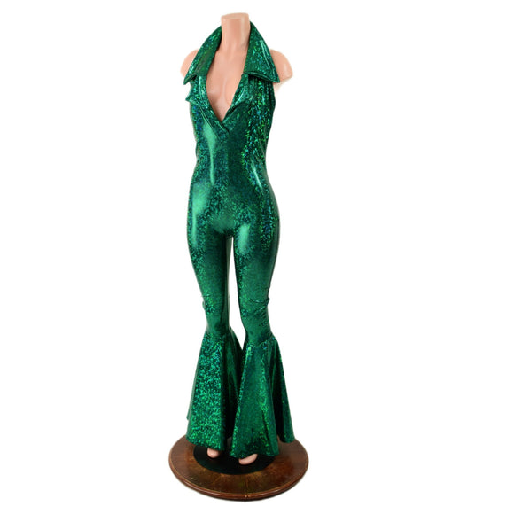 Green Kaleidoscope Bell Bottom Catsuit with PLUNGING Showtime Collar - Coquetry Clothing