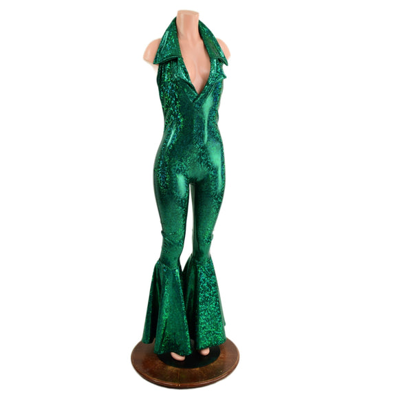 Green Kaleidoscope Bell Bottom Catsuit with PLUNGING Showtime Collar - Coquetry Clothing