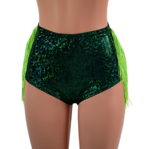 Green Kaleidoscope High Waist Siren Shorts with Neon Lime Chainette Hip Fringe - Coquetry Clothing