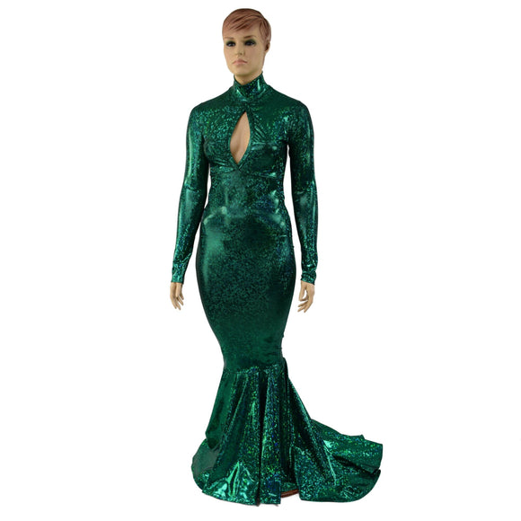 Green Kaleidoscope Long Sleeve Puddle Train Gown with Keyhole - Coquetry Clothing