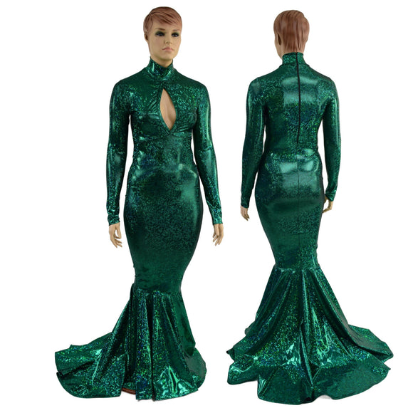 Green Kaleidoscope Long Sleeve Puddle Train Gown with Keyhole - Coquetry Clothing