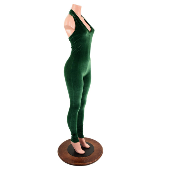 Green Velvet Backless V Neck Catsuit - Coquetry Clothing