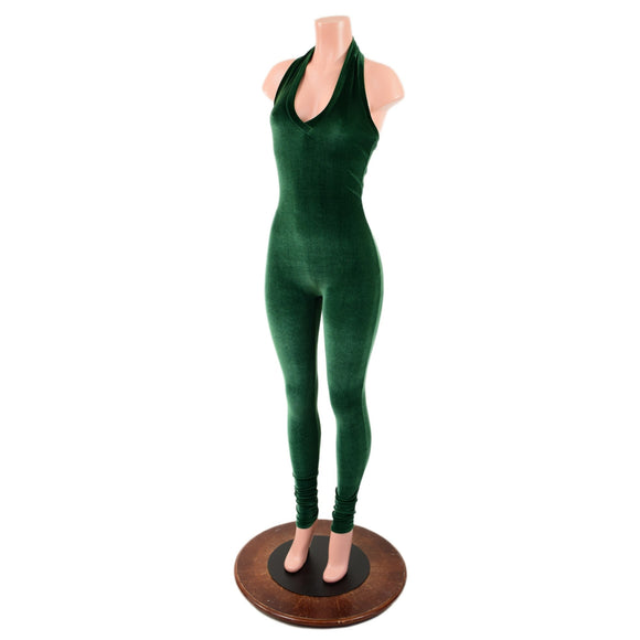 Green Velvet Backless V Neck Catsuit - Coquetry Clothing